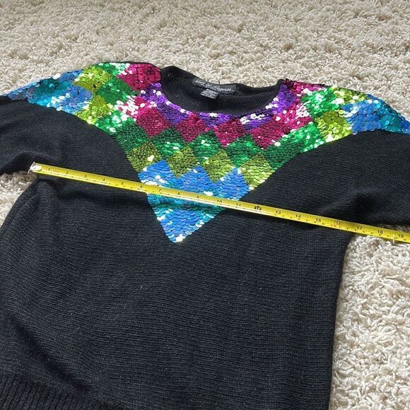 Vintage 90s Black Angora Blend Sequin Pullover Sweater Shoulder Pads Size S - Picture 7 of 14